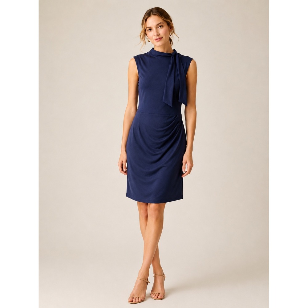 Miusol Womens Tie Neck Sheath Dress Size M Sophisticated Navy Blue Career Chic